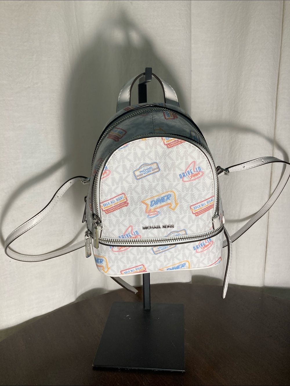 Michael Kors White Diner  RheaLogo  Mini Backpack with Multicolor Accent Patches